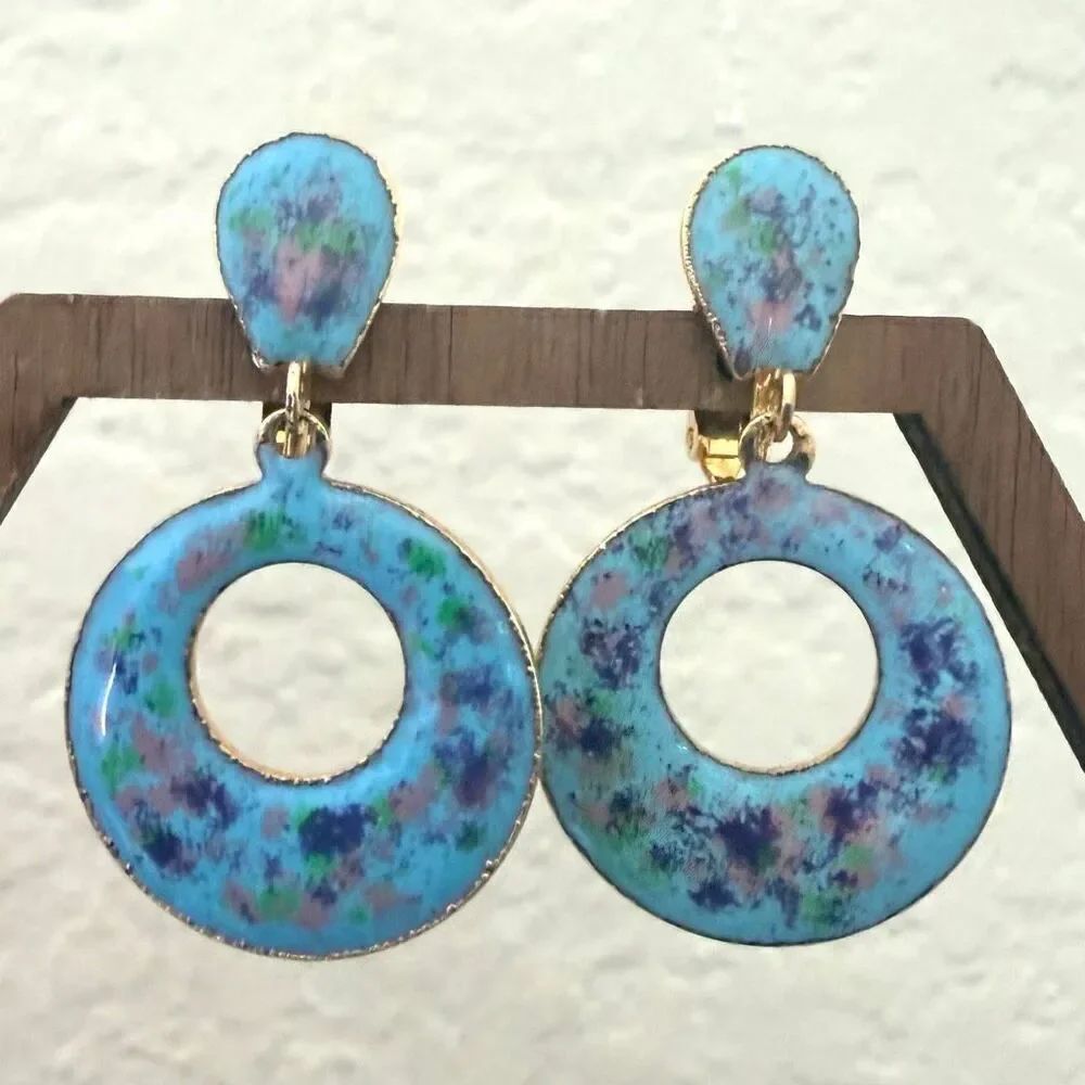 Blue Enamel Speckled Hoop Clip On Earrings Gold Tone